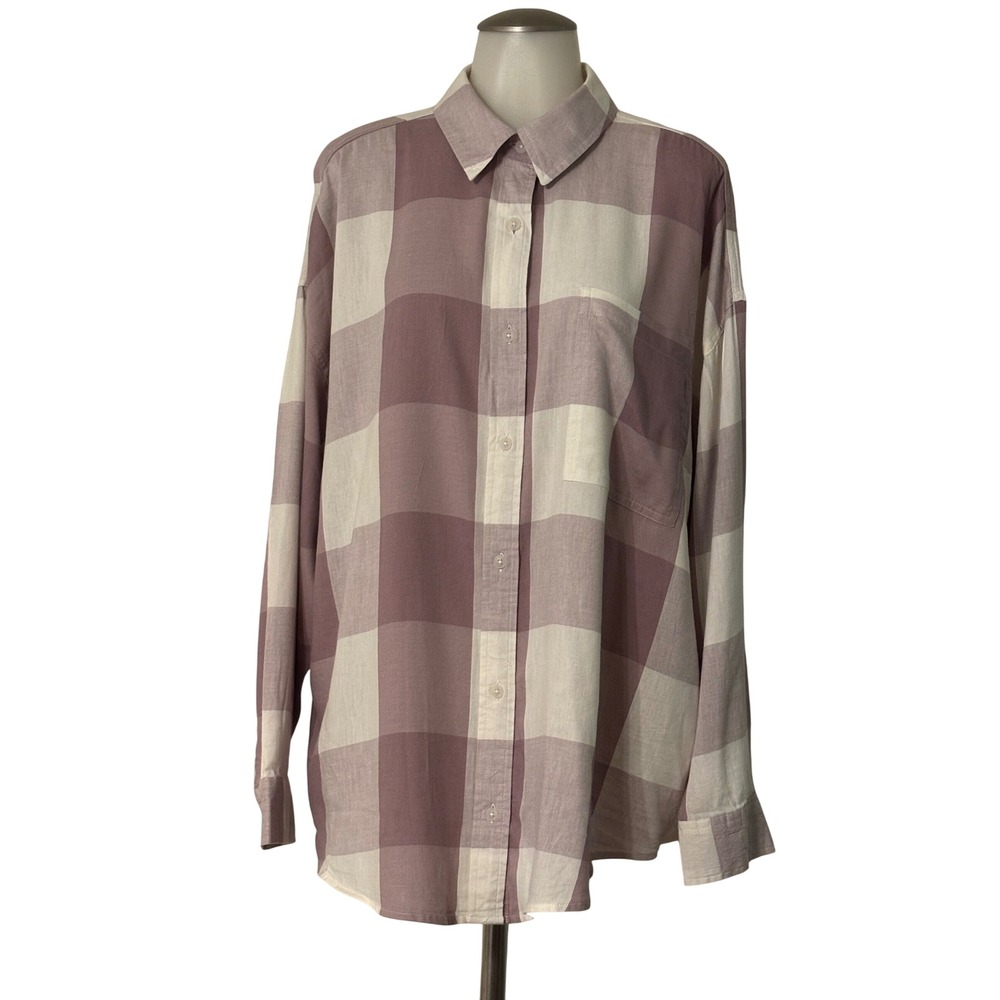 SO‎ Button Down Shirt Women XL Cream Lavender Plaid Oversized NWT